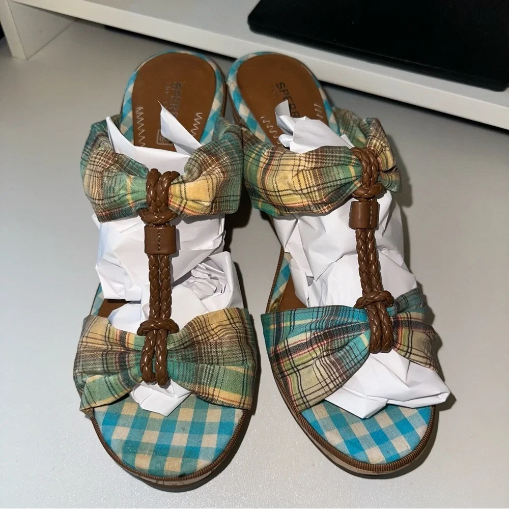 Sperry Blue Plaid Topsider Wedges | Size 8.5